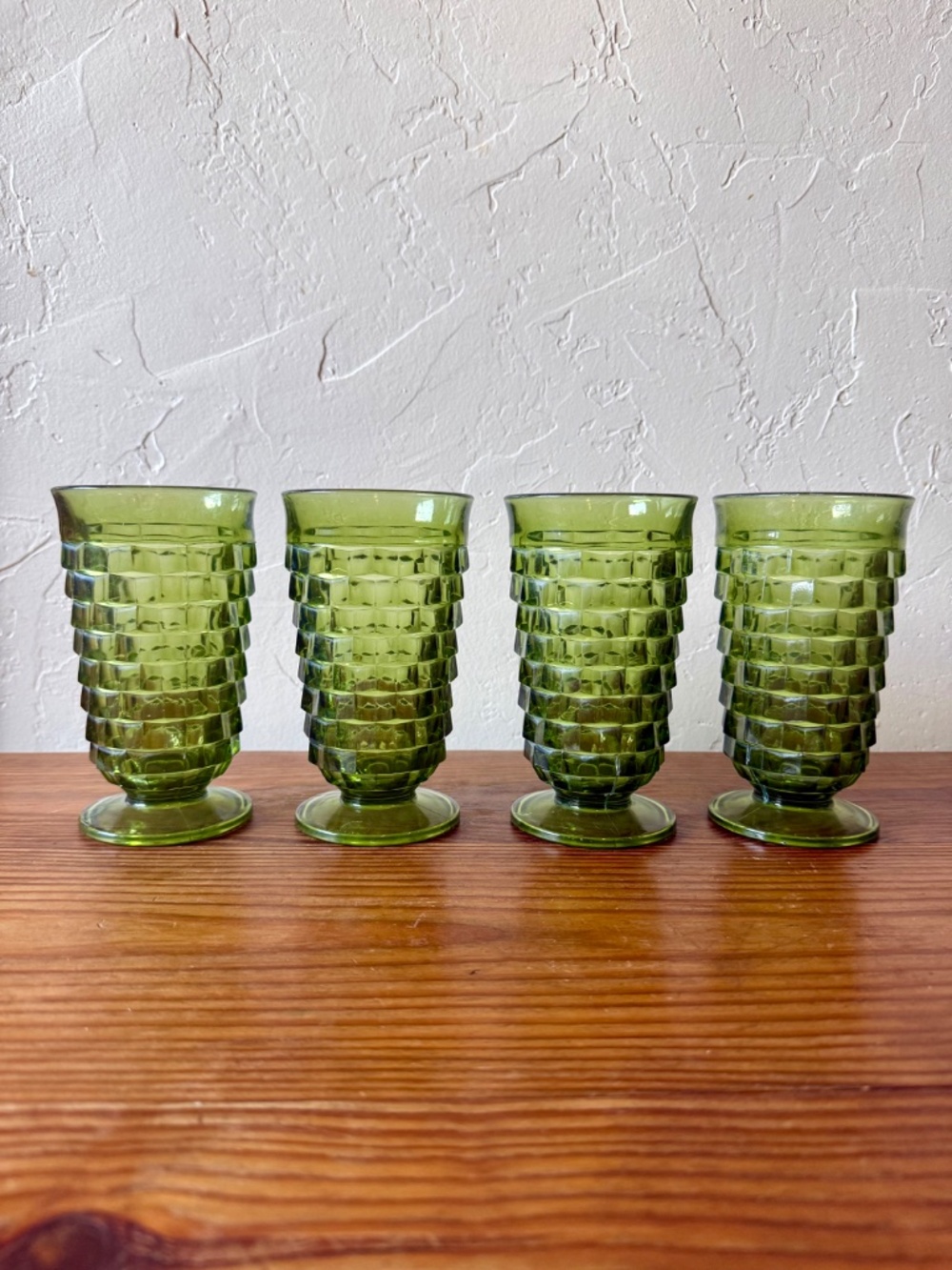 Indiana Glass Whitehall Cubist Olive Green Footed Tumblers Set of 4 - Picture 13 of 15